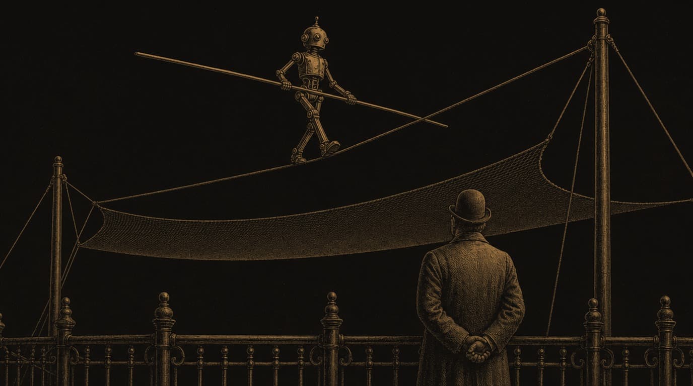 An engraving of a clockwork automaton crossing a high tightrope above a safety net while a top-hatted figure below stands with his back turned, not watching.