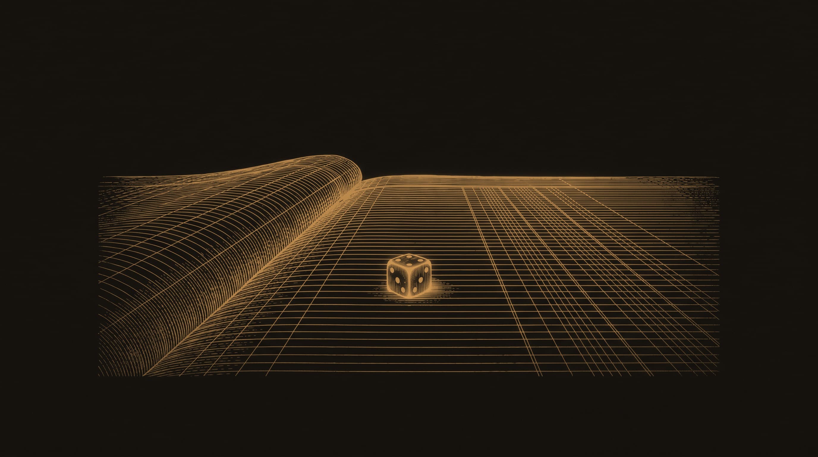 A single luminous die resting on a vast ruled ledger whose lines recede into the dark toward the horizon.